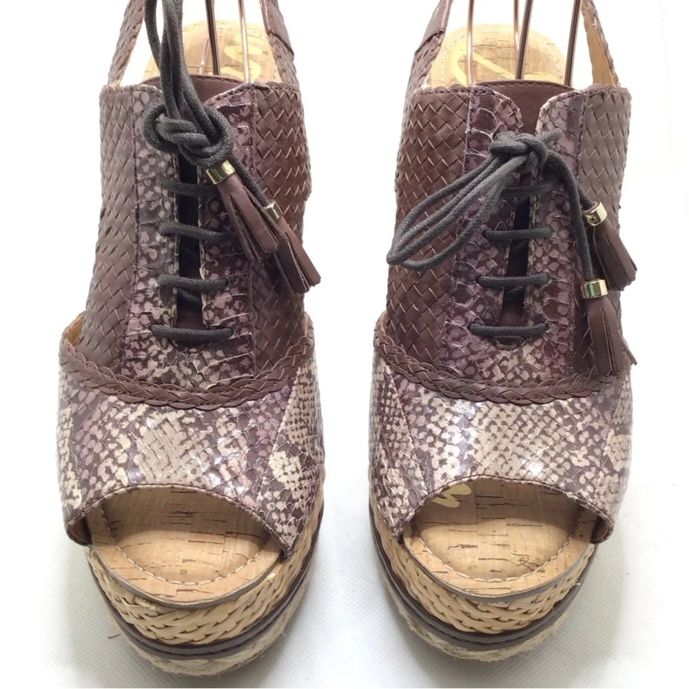 Sam Edelman Tinely Brown Snake Print Lace Up Platform Wedge Sandal Size 10M